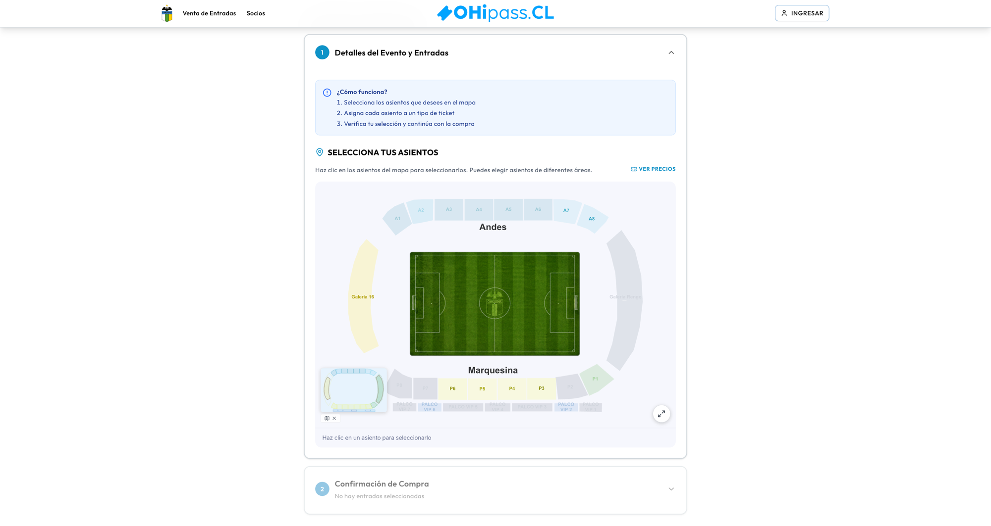 Mapa de asientos interactivo de un estadio, con tribunas, palcos y sectores por categoría